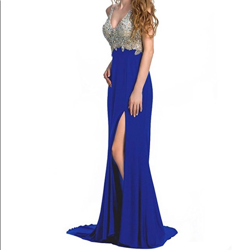 Royal blue ball gown dress with slit